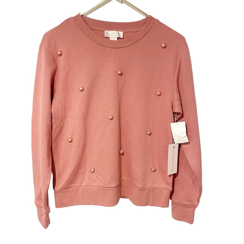 Rachel Parcel Size Small Pink Pearl Embellished Crewneck‎ Fleece Sweater NEW